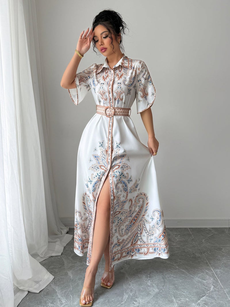 OUTZIDR White Button Down Printed Shirt Dress - Image 1